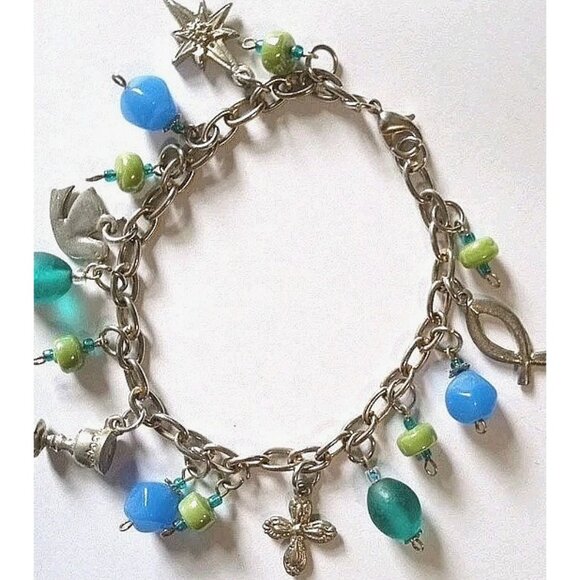 Vintage Art Glass Christian Symbols Charm Bracelet Silver Tone Chain Beads - Picture 8 of 14